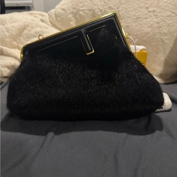 Fendi Black Fur Clutch with Gold Accents - Picture 2 of 5
